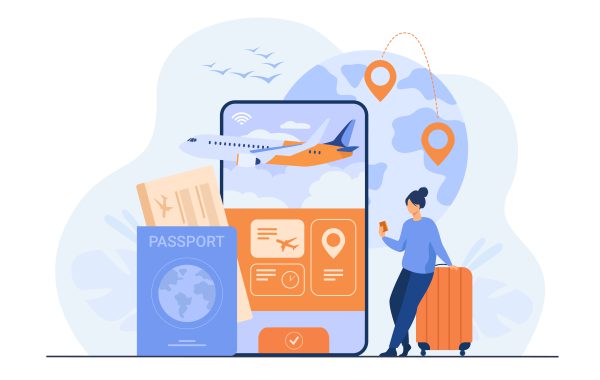 Online app for tourism Online app for tourism. Traveler with mobile phone and passport booking or buying plane ticket. Flat illustration for vacation, digital technology, trip concept