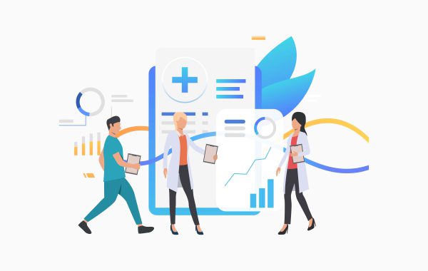 Medical workers analyzing electronic record vector illustration Medical workers analyzing electronic record vector illustration. Diagnostic center, medical innovation, modern clinic. Healthcare concept. Creative design for layouts, web pages, banners