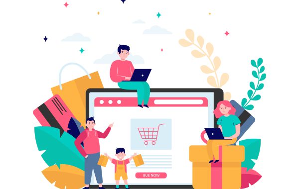 Happy people shopping online Happy people shopping online. Basket, tablet, customer flat vector illustration. E-commerce and digital technology concept for banner, website design or landing web page