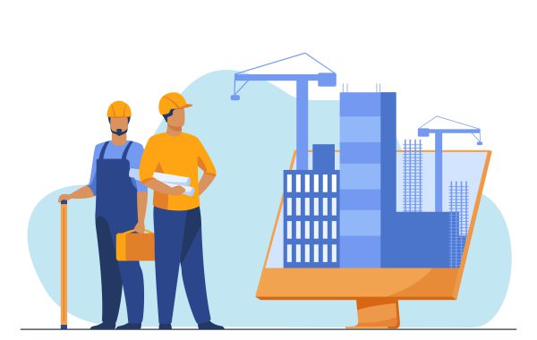 Engineers standing near big monitor with buildings Engineers standing near big monitor with buildings. Project, crane, screen flat vector illustration. Construction and engineering concept for banner, website design or landing web page