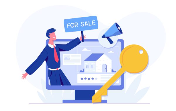 Home Brokers Announce Real Estate Sale Drops Mortgages to Find B Business concept Vector illustration Home Brokers Announce Real Estate Sale Drops Mortgages to Find Buyers Searching for Homes. Real estate agents selling ornate buildings to customer.