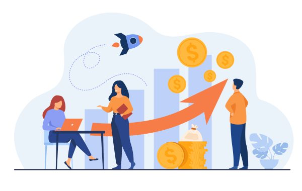 Startup managers presenting and analyzing sales growth chart Startup managers presenting and analyzing sales growth chart. Group of workers with heap of cash, rocket, bar diagrams with arrow and heap of money. For business success, marketing, profit concepts